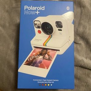 Brand new Polaroid Now Plus with filters, charger, and camera lens cover
